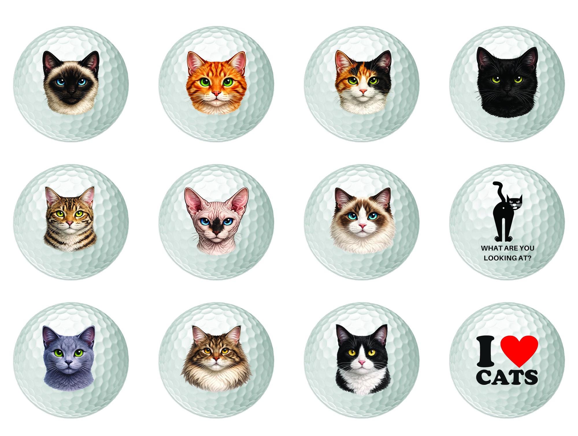Funny Cat Lover Golf Balls – Set of 12 Novelty Golf Accessories - Premium 3 Layer Surlyn Dozen
